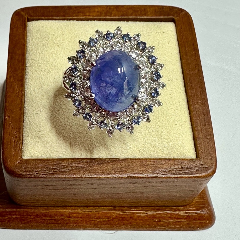 925 Silver Cabochon Tanzanite & 50 Tanzanite's & Sapphires Ring Size 7.5 Lot#9L